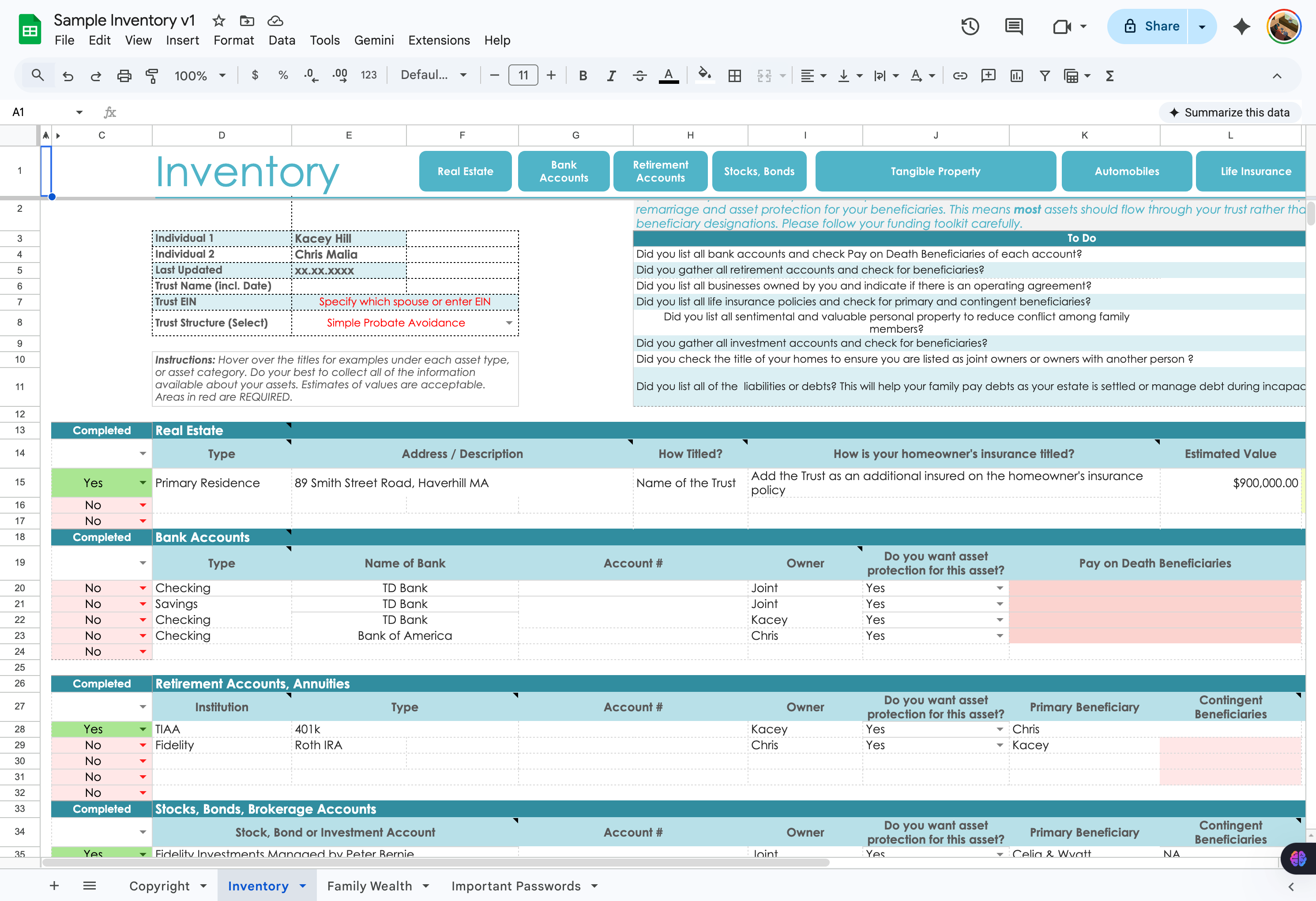 Spreadsheet inventory tab